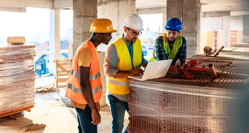 Trabajadores usando equipo de seguridad en obra en construcción