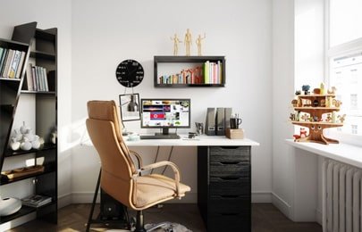 Repisa flotante moderna rectangular con libros y elementos decorativos en oficina
