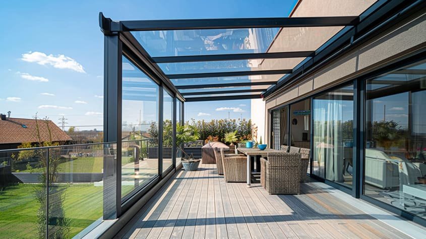 Techo de una terraza elaborado con estructura de aluminio y un panel de vidrio en la parte superior
