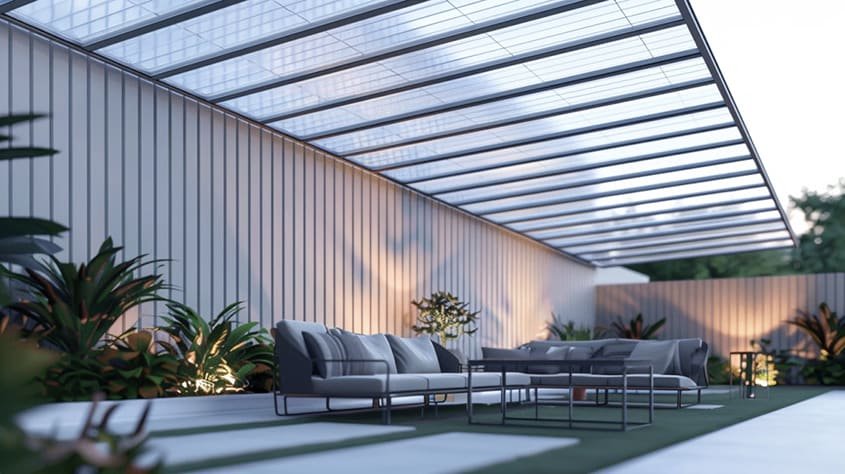 Techo para terraza con cubierta de lámina de policarbonato celular